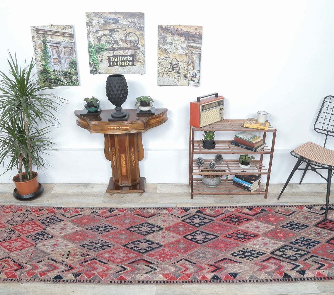 3x10 Diamonds Vintage Turkish Oushak Runner, Hand Knotted Wool Carpet, Hallway Rug, One Of A Kind, Anatolian, Boho Decor, Shabby Chic photo for sale