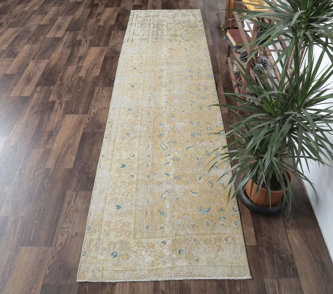 3x10 Antique Turkish Runner, Oushak Handmade Wool Rug, Faded Floral Hallway Rugs, Farmhouse Decor One Of A Kind, Made In Anatolia