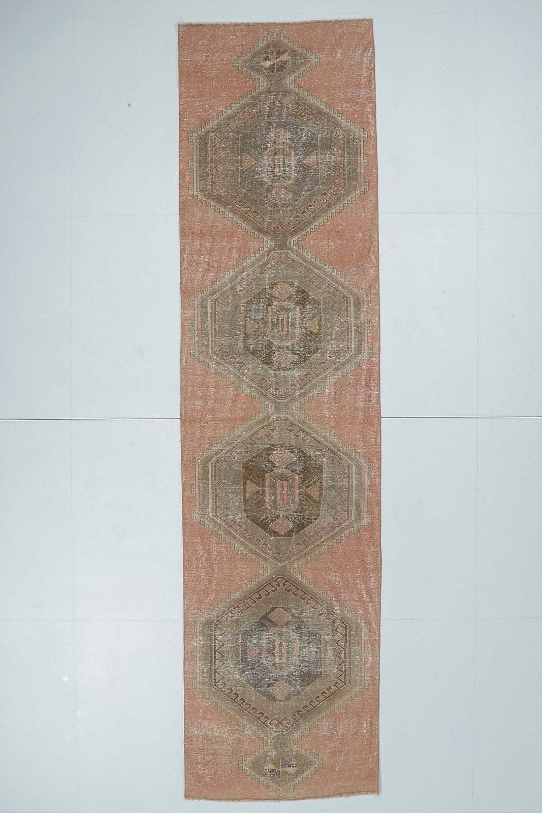 3x13 Vintage Turkish Oushak Runner, Handmade Wool Carpet, Soft Red Geometric Patterned Hallway Rug, Farmhouse Decor | One Of A Kind | photo furniture