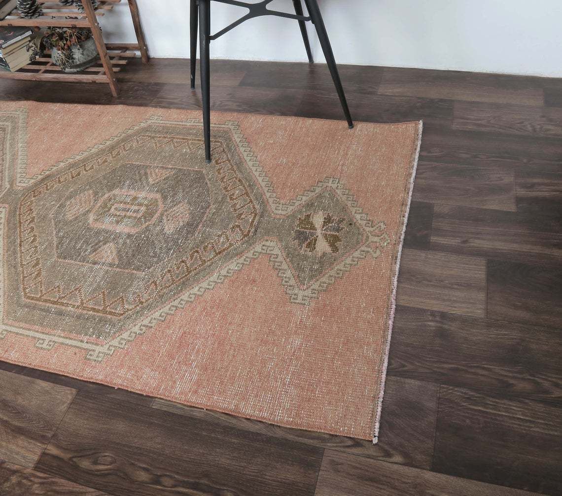 3x13 Vintage Turkish Oushak Runner, Handmade Wool Carpet, Soft Red Geometric Patterned Hallway Rug, Farmhouse Decor | One Of A Kind | photo Textiles