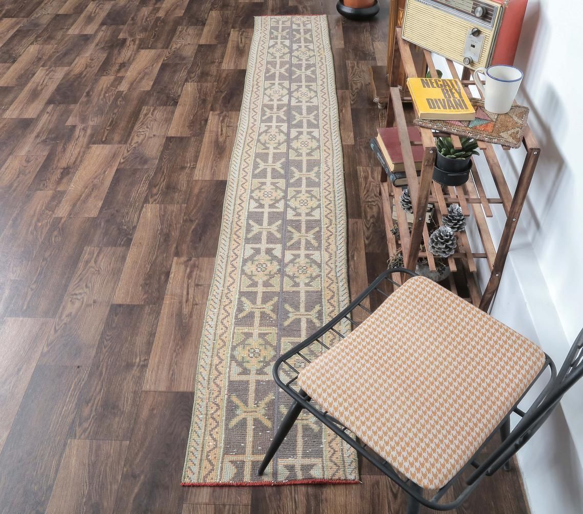 2x10 Narrow Vintage Turkish Oushak Narrow Runner, Handmade Wool Carpet, Kitchen Hallway Rug, One Of A Kind, Anatolian, Boho Decor