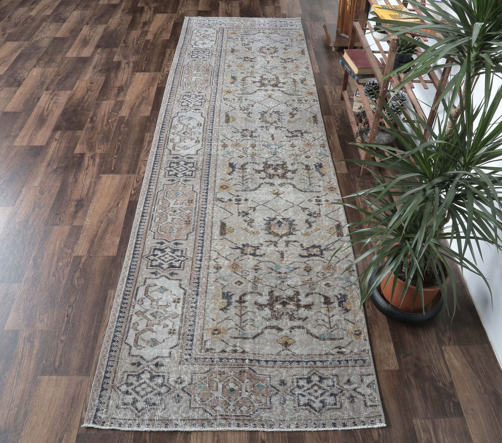 Turkish Vintage Runner, Oushak Handmade Wool Rug, Floral Gray Hallway Rugs, Farmhouse Decor, One Of A Kind, Folk Art, Made In Anatolia