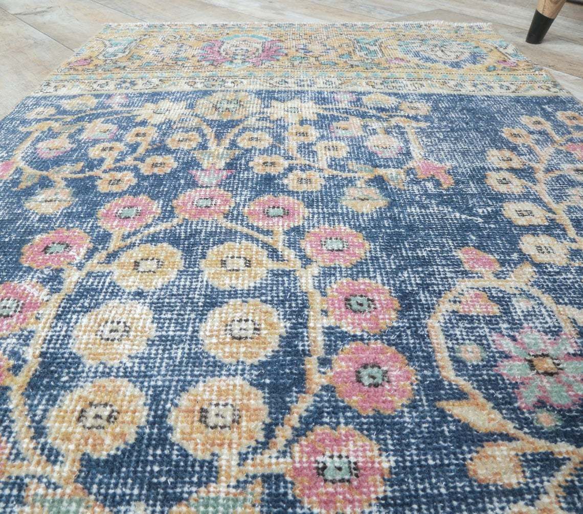2x3 Turkish Vintage Oushak Rug, Door Mat Small Carpet, Handmade Wool Blue Floral Doormat, Mini Rugs, One Of A Kind, Anatolia photo 171.0