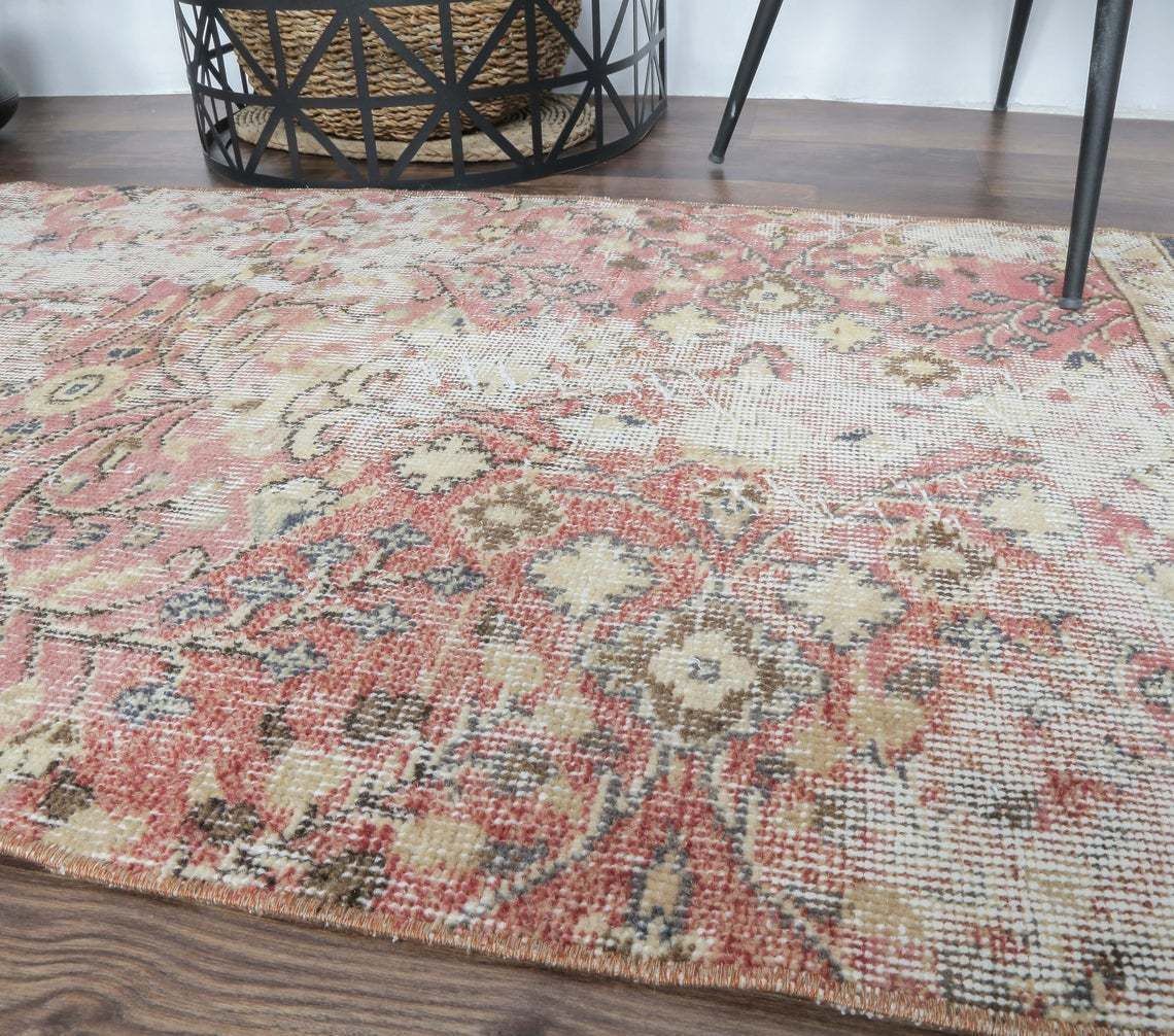 3x6 Turkish Vintage Runner, Oushak Handmade Wool Runner Rug, Red Floral Distressed, Bohemian Hallway Rugs, Farmhouse Decor, One Of A Kind photo 222.0