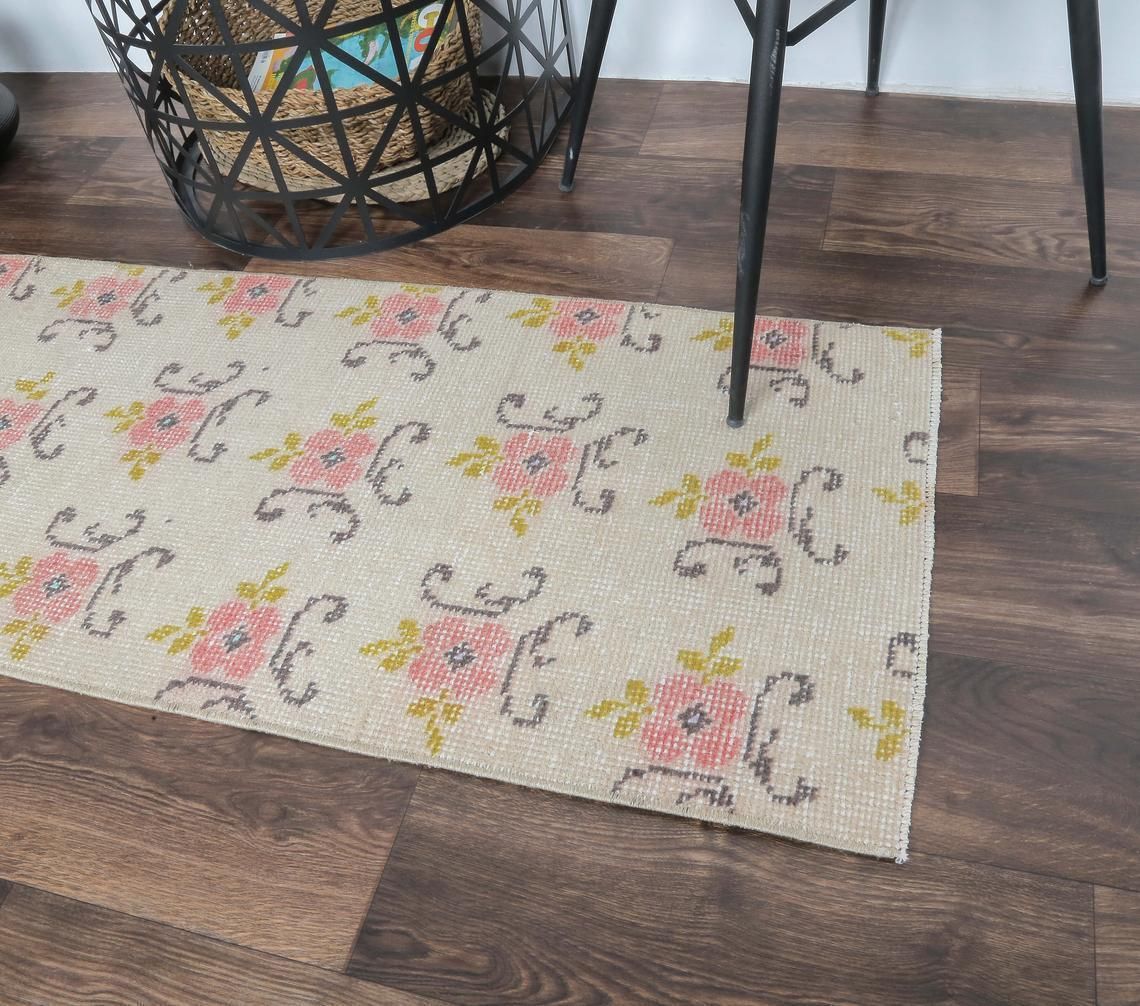2x4 Turkish Vintage Oushak Runner, Floral Beige Handmade Wool Rug, Hallway & Kitchen Rugs, Farmhouse Decor, One Of A Kind, Anatolia photo Textiles