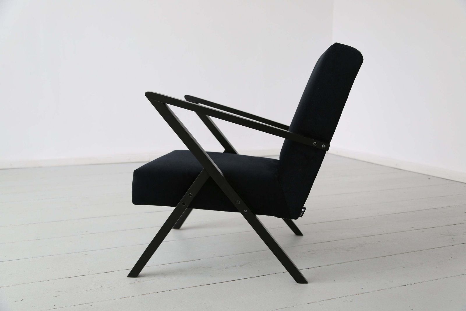 Original Midcentury Polish Armchair From The 60s In Black Velvet And Black Wooden Frame photo for sale