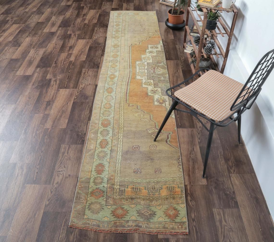 2x11 Half Rug Turkish Vintage Runner, Oushak Handmade Wool Rug, Copper Hallway Rugs, Farmhouse Decor, One Of A Kind, Folk Art, Anatolian