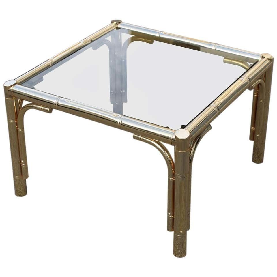 Square Coffee Table In 24 Karat Gold Metal Italian Design 1970 Bamboo Cane