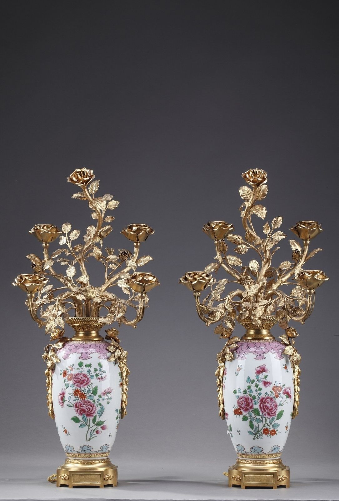 Vases Mounted As Lamps In "Famille Rose" Porcelain Taste