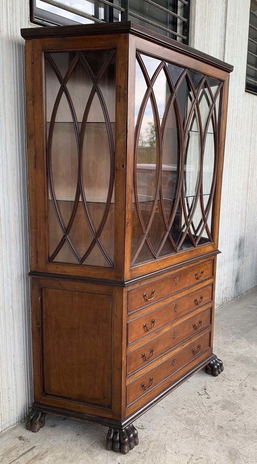 Vitrine Art Nouveau française en bois fruitier, quatre tiroirs photo Mobilier