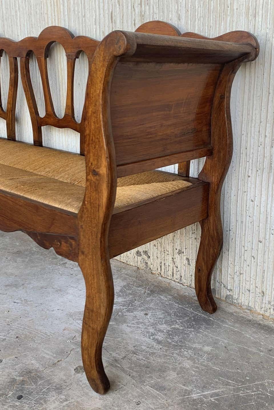 Banc victorien du XXe siècle en bois de noyer et assise en rotin photo 3345.0