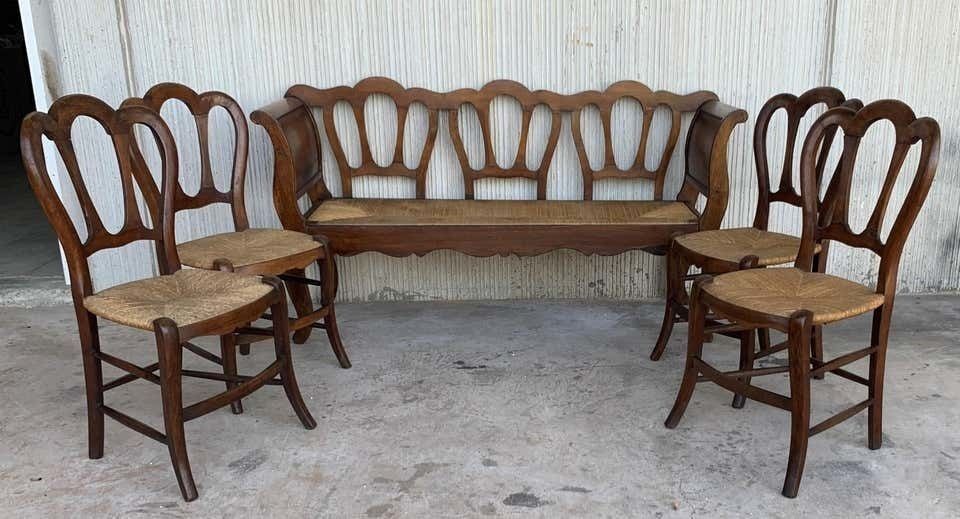 20th Set Of One Bench And Four Victorian Chairs, Wood And Rattan photo Furniture