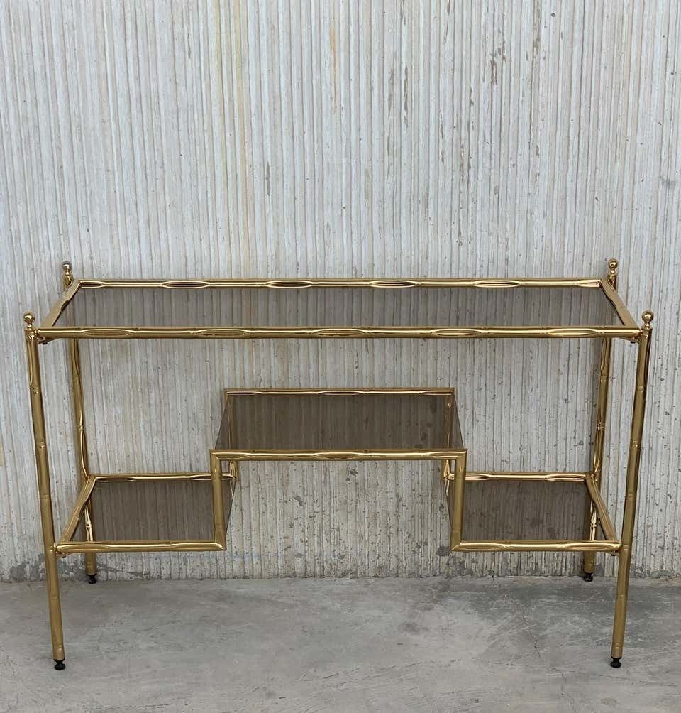 Mid Century Modern Italian Faux Bamboo Gilt Metal Console With Smoked Glass photo Furniture