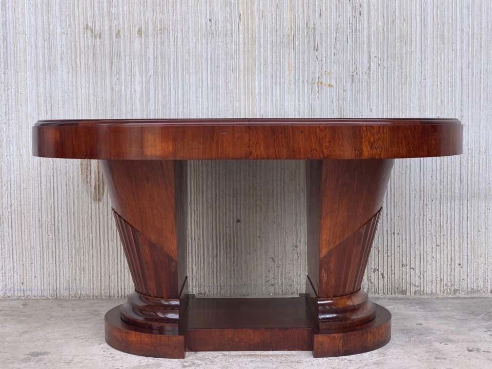 Table ovale Art déco française à deux pieds centraux en orme maillé, avec six chaises photo buy