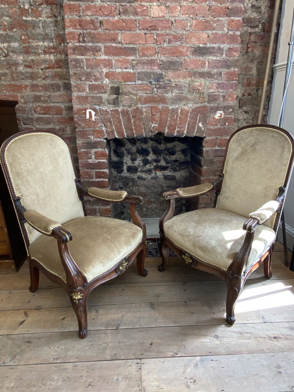 Exceptional Pair Of French Empire Walnut Chairs Arm Chairs With Gilt Ormolu Mounts photo vinterior