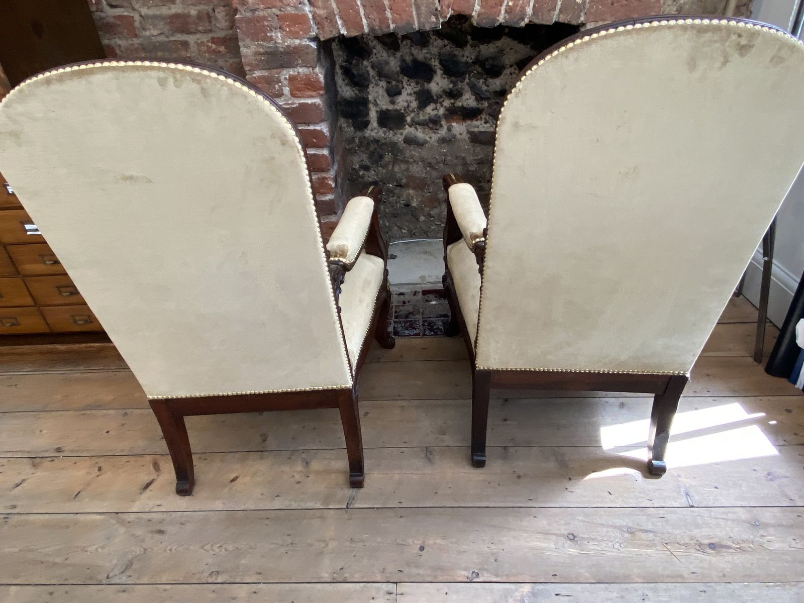 Exceptional Pair Of French Empire Walnut Chairs Arm Chairs With Gilt Ormolu Mounts photo vintage
