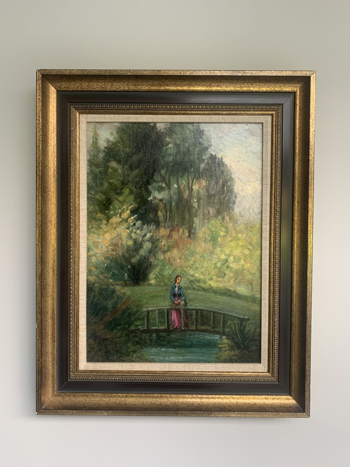 'Woman On Bridge'   Oil On Board English Countryside Painting By George Charlton (1899 1979); Framed