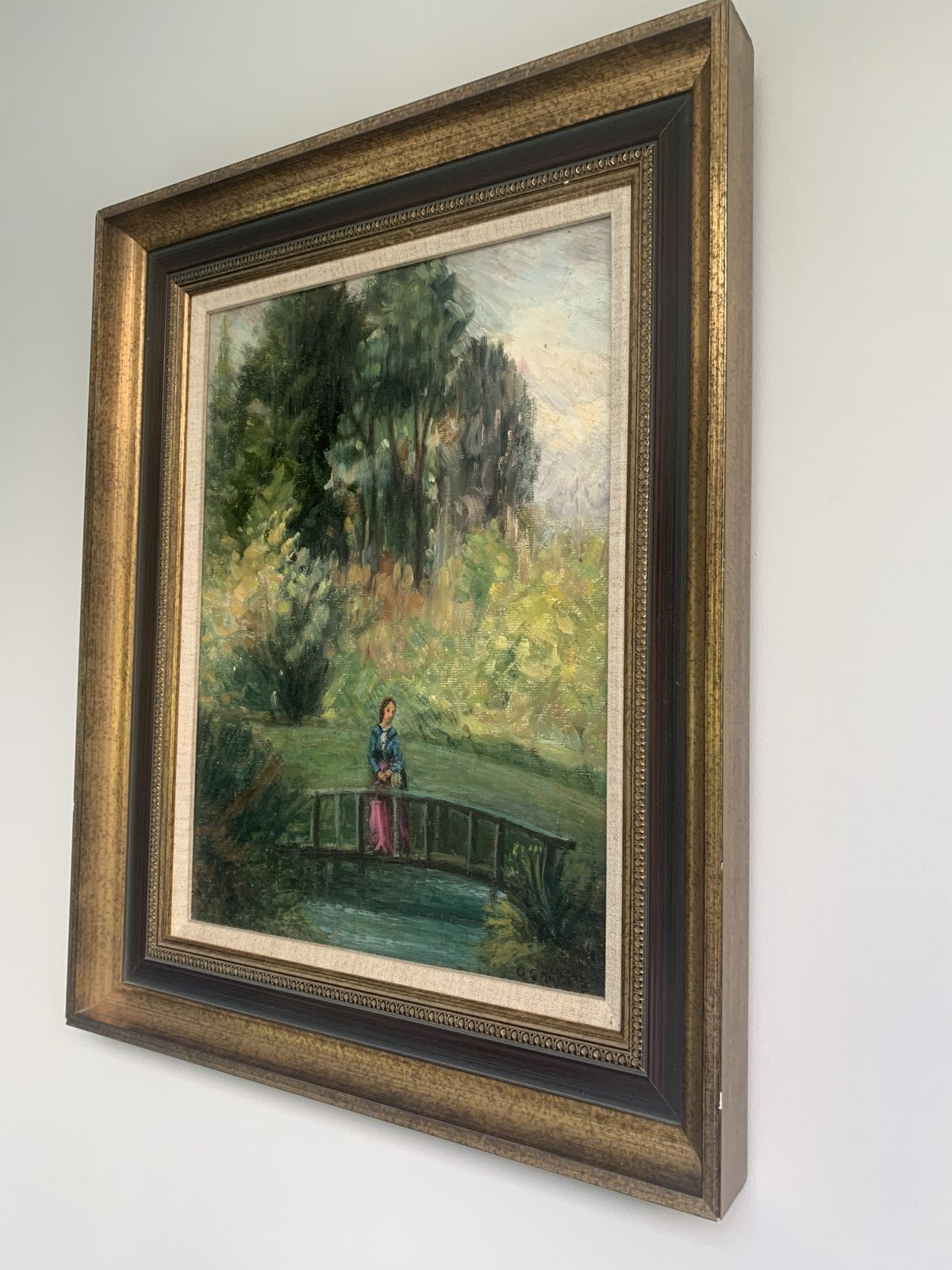 'Woman On Bridge'   Oil On Board English Countryside Painting By George Charlton (1899 1979); Framed photo for sale