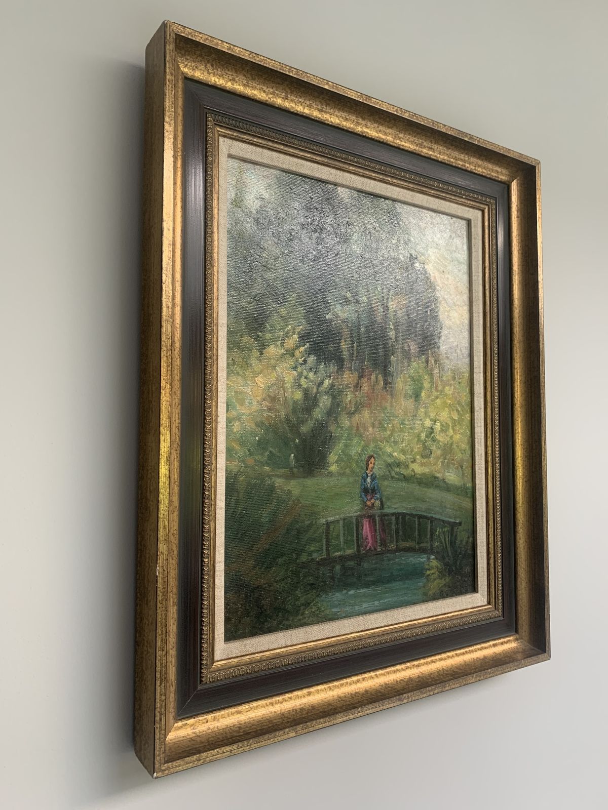 'Woman On Bridge'   Oil On Board English Countryside Painting By George Charlton (1899 1979); Framed photo Art