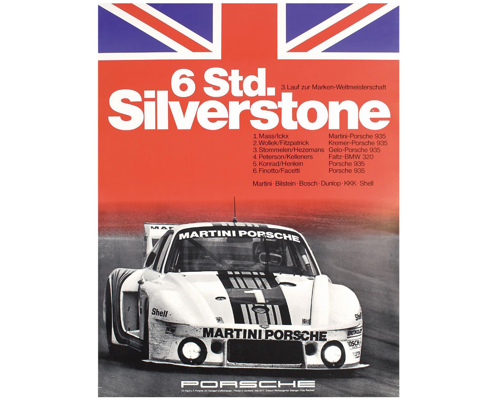Original Vintage Porsche Silverstone Poster   Martini Porsche 935 Race Car   1977 Silverstone 6 Hours Race World Championships