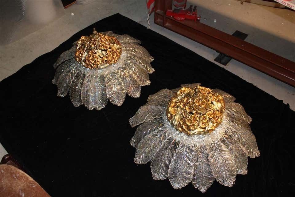 Round Pair Of Chandelier Murano Gold Ceramic Italian Design 1960s Flowers Leaves photo buy