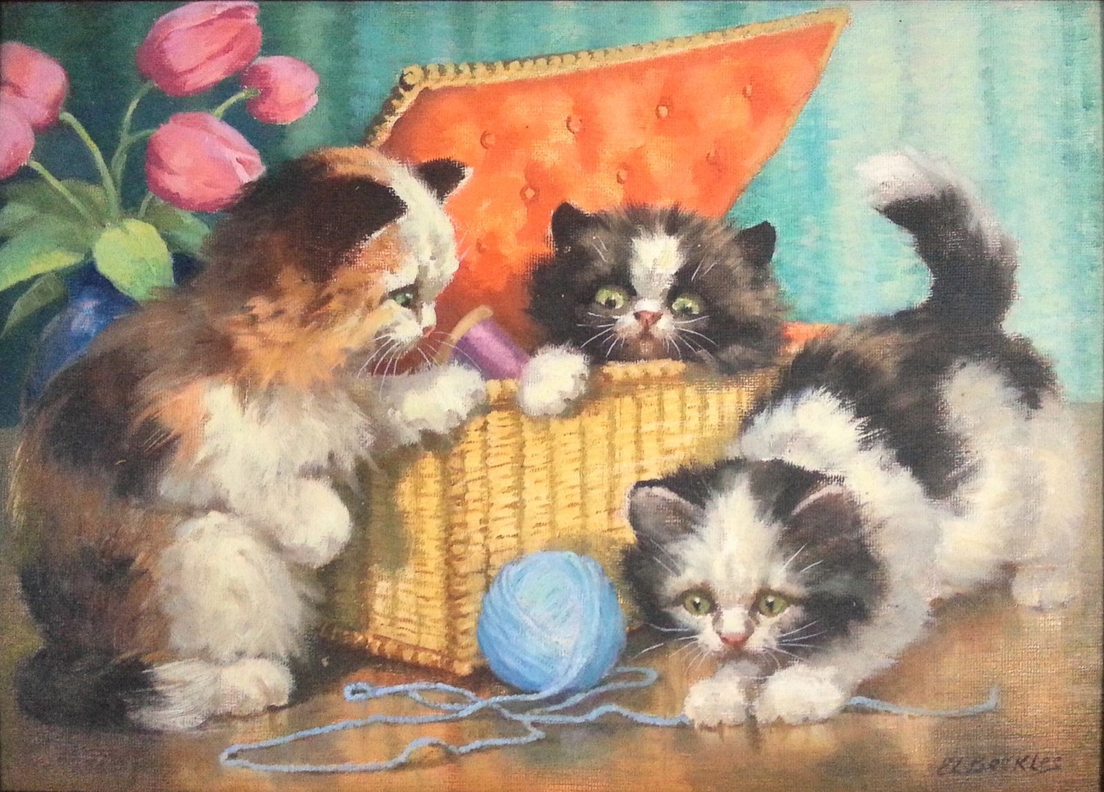 Oil On Board By Evelyn Lina Beckles. Three Kittens With A Ball Of Wool. photo furniture