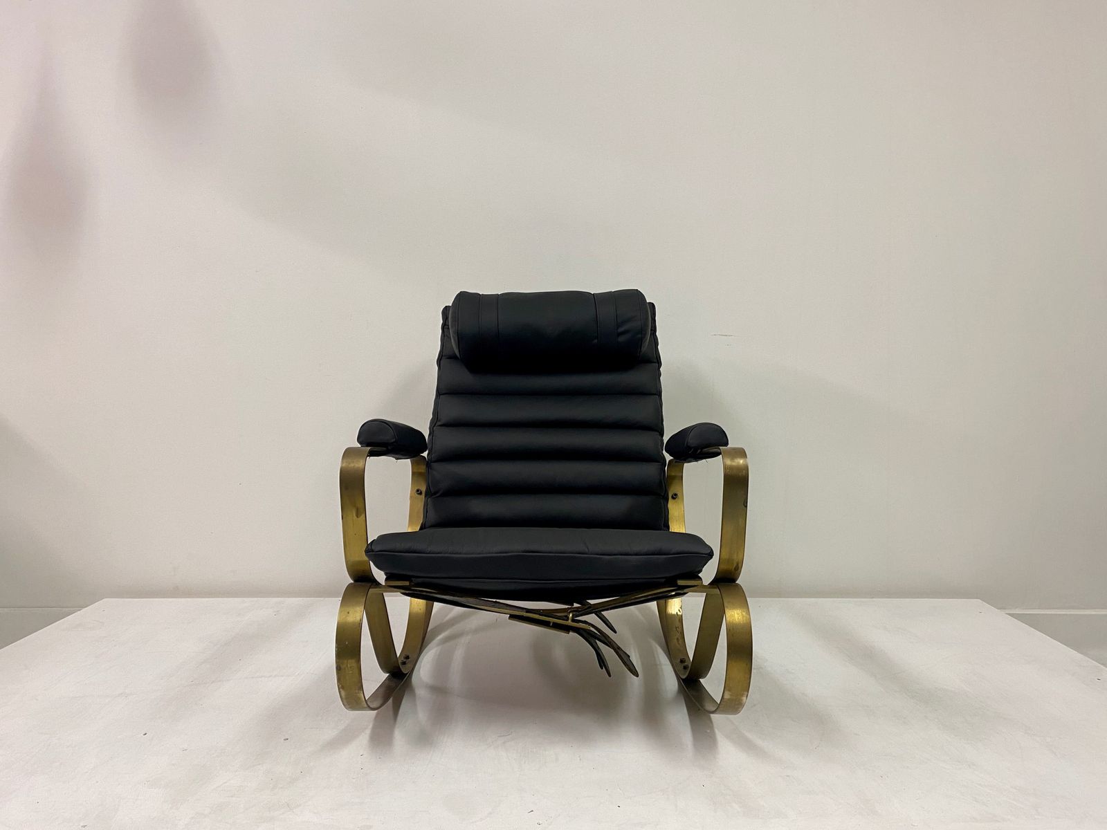 1970s Italian Brass And Black Leather Rocking Chair By Luciano Frigerio photo furniture