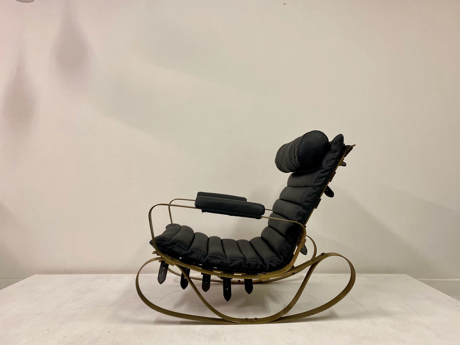 1970s Italian Brass And Black Leather Rocking Chair By Luciano Frigerio photo Furniture