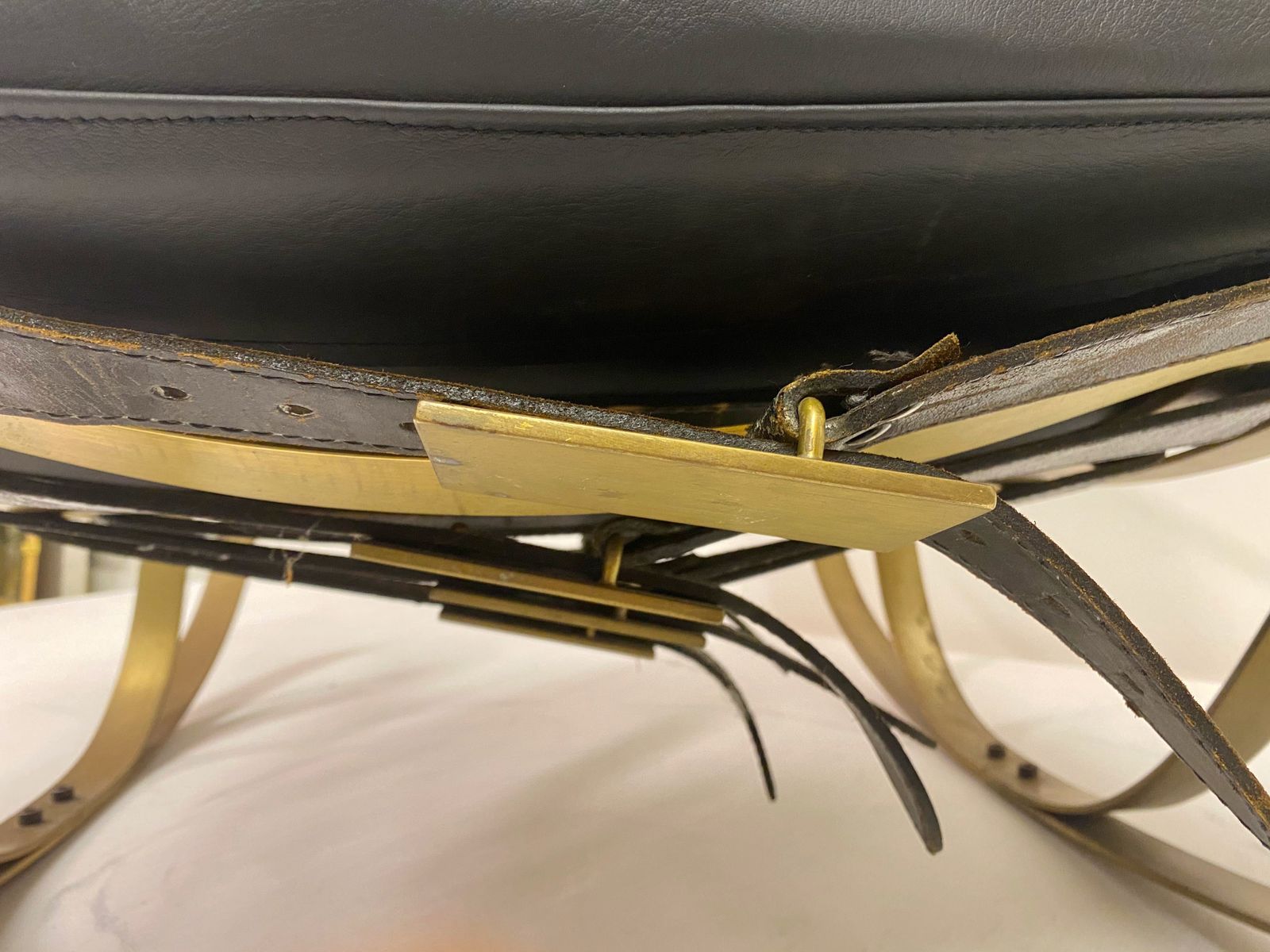 photo for sale 1970s Italian Brass And Black Leather Rocking Chair By Luciano Frigerio