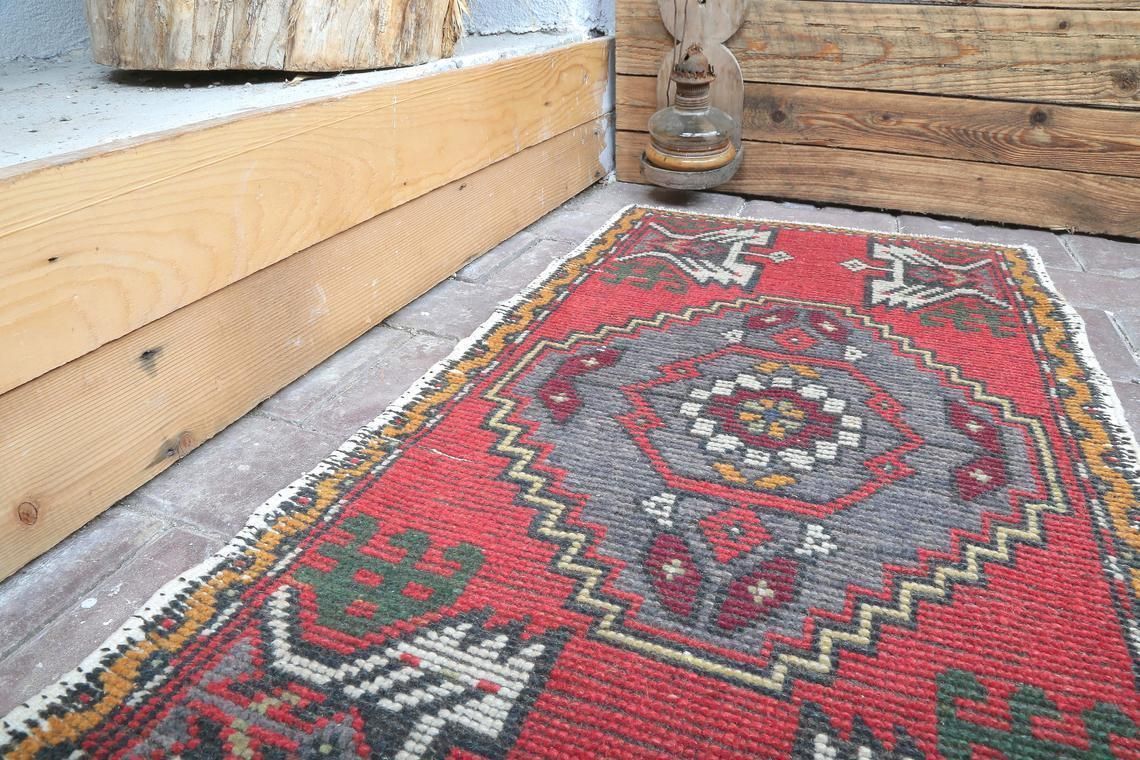 Doormat Rug, Small Rug, 1'6x3'1 Oushak Rug, Turkish Rug, Wool Rug, Vintage Rug, Handmade Rug, Orange Doormat Rug, Anatolıan Small Rug photo for sale