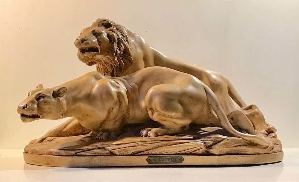 French Art Deco Sculpture Of Lions A L'affut By A. Martinez, Paris 1924