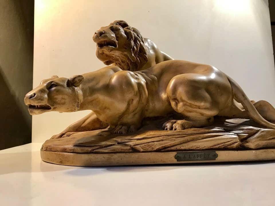 French Art Deco Sculpture Of Lions A L'affut By A. Martinez, Paris 1924 photo furniture