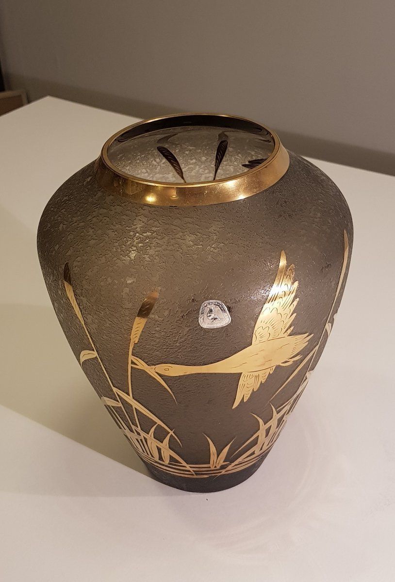 Etched Glass Vase With Gilded Decor And Crane By Alfred Taube For Füge & Taube, 1960s