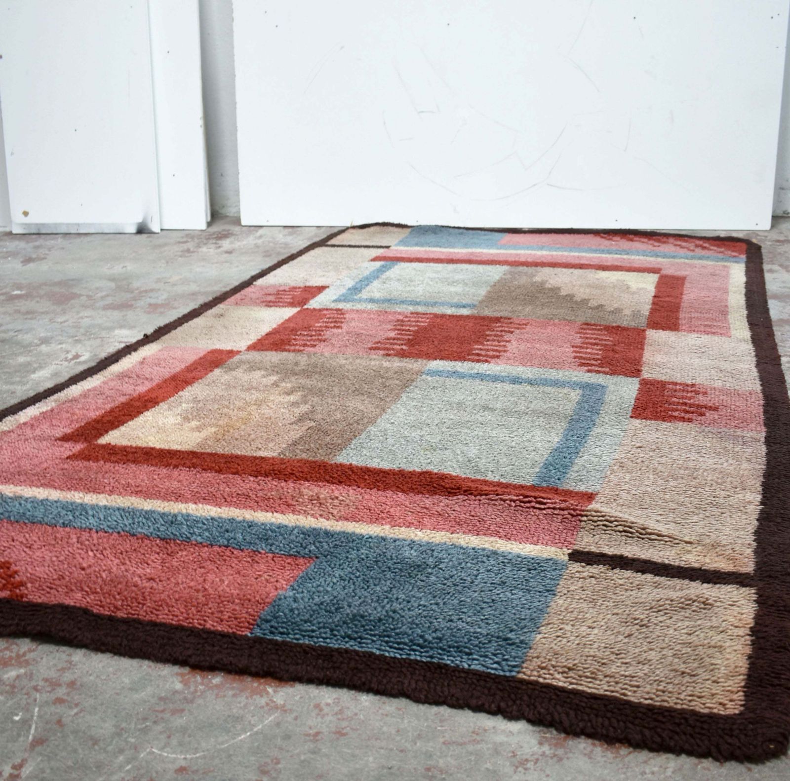 French Art Deco Futurist Handwoven Wool Rug With Abstract Art, 1930's photo furniture