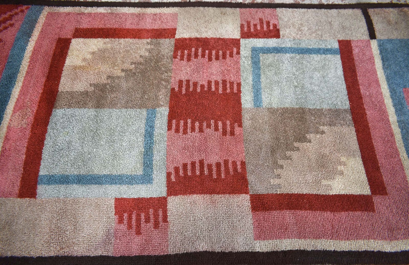 French Art Deco Futurist Handwoven Wool Rug With Abstract Art, 1930's photo for sale