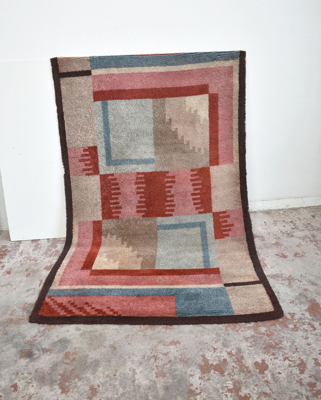 French Art Deco Futurist Handwoven Wool Rug With Abstract Art, 1930's photo Textiles