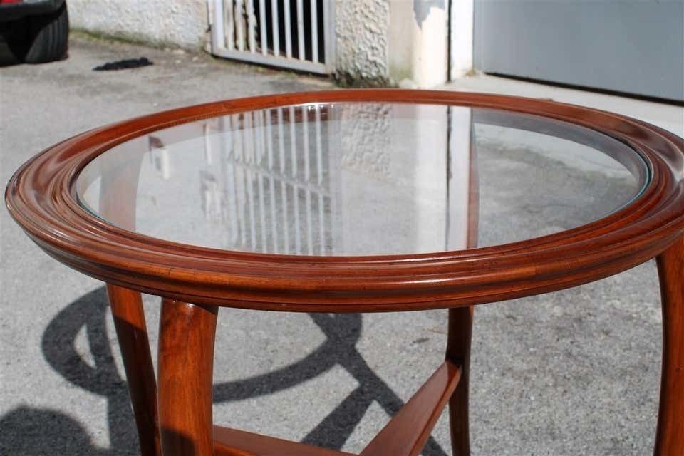 Round Midcentury Italian Table Coffee Cherrywood Glass Top Cuved Wood photo vinterior