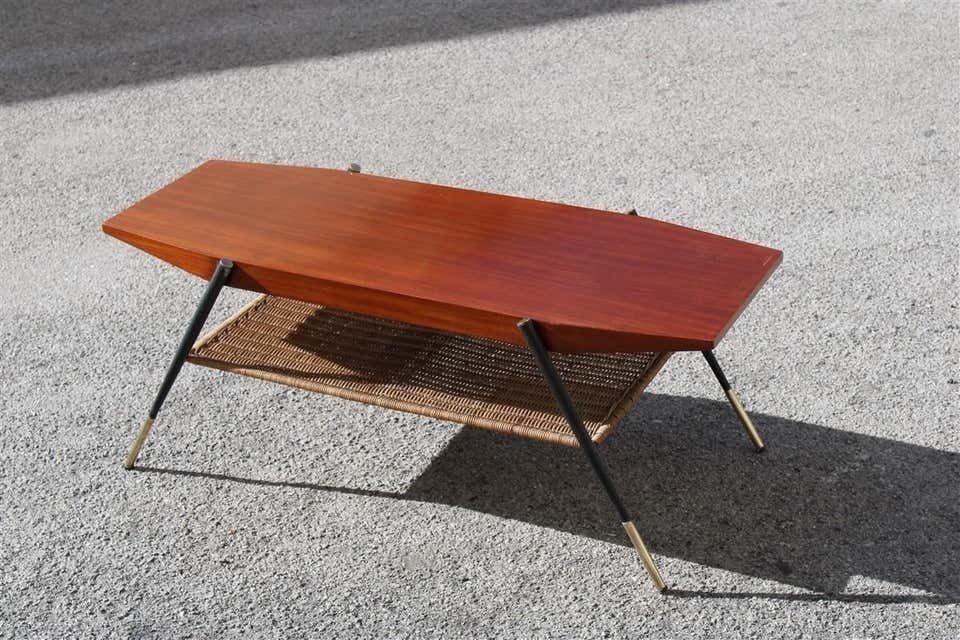 Midcentury Italian Coffee Table In Mahogany Metal Brass And Bamboo Straw, 1950s photo furniture