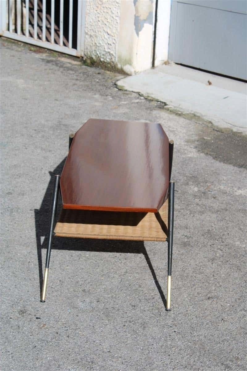 Midcentury Italian Coffee Table In Mahogany Metal Brass And Bamboo Straw, 1950s photo vintage