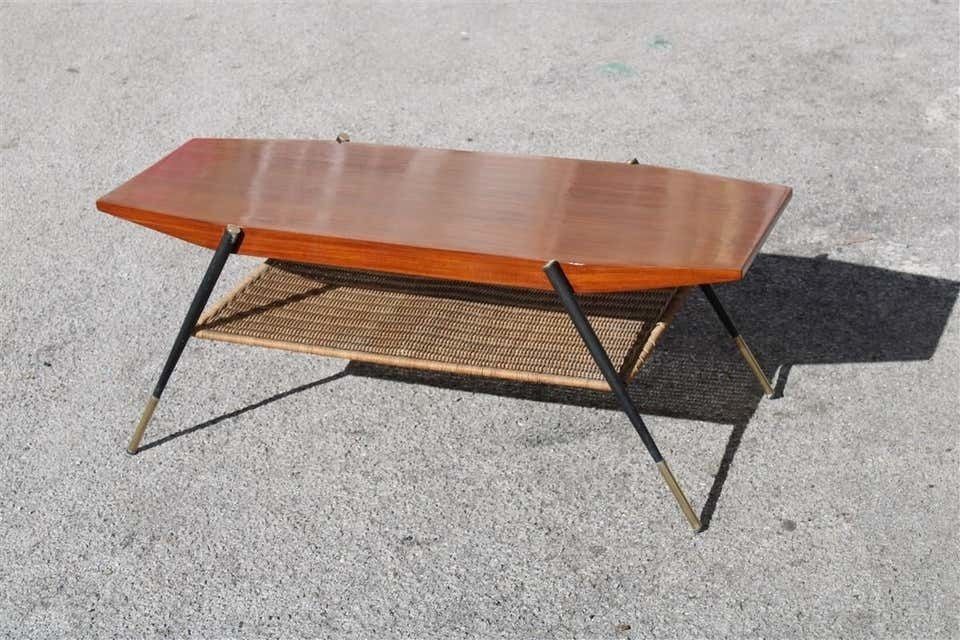 photo for sale Midcentury Italian Coffee Table In Mahogany Metal Brass And Bamboo Straw, 1950s