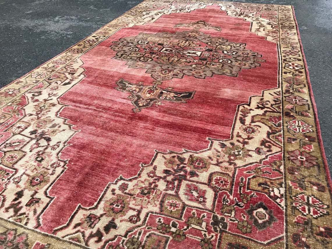 photo vinterior Turkish Bohemian Vintage Rug,Oushak Area Carpet,Wool Carpet, Handmade Anatolian Carpet
