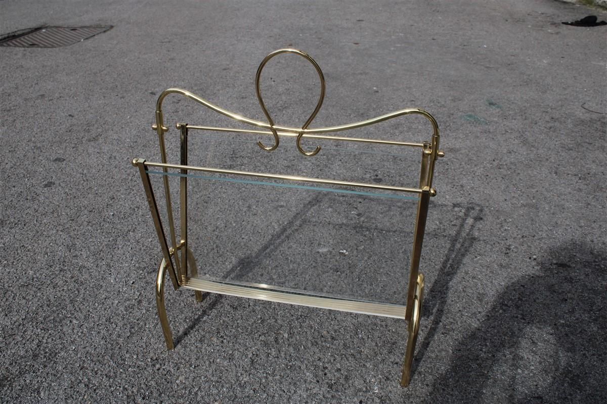 Italian Midcentury Magazine Rack Brass Gold Italian Design Transparent Glass photo buy