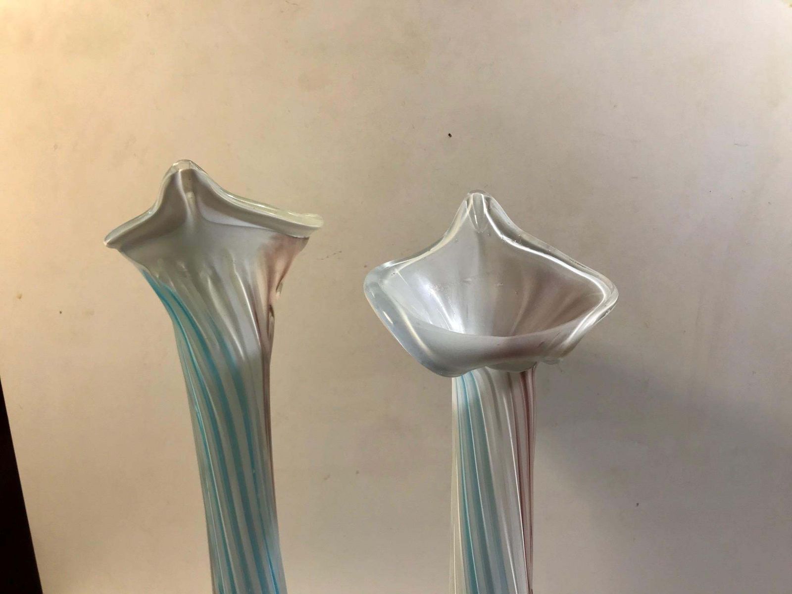 A Pair Of Pink, Blue And White Italian Jack In The Pulpit Glass Vases photo buy