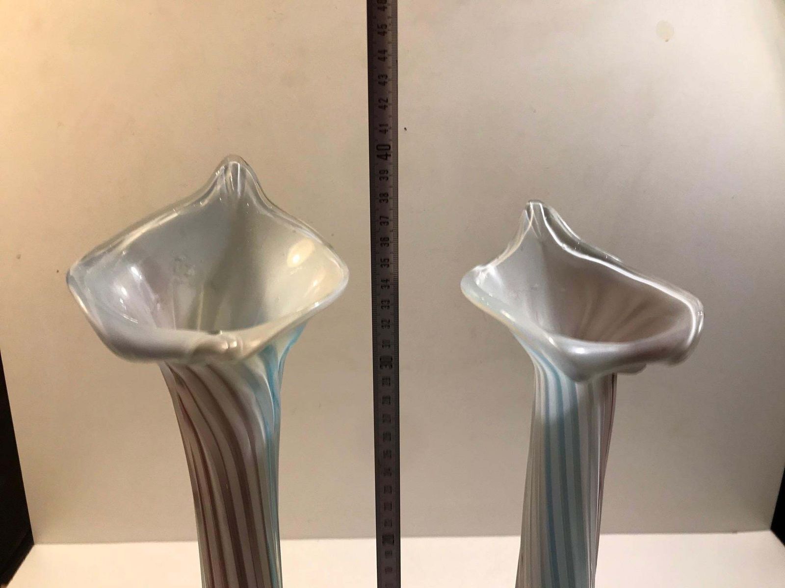 photo for sale A Pair Of Pink, Blue And White Italian Jack In The Pulpit Glass Vases