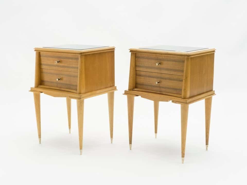 Tables de chevet françaises en sycomore, 2 tiroirs, attribuées à Suzanne Guiguichon, années 1950 photo Mobilier