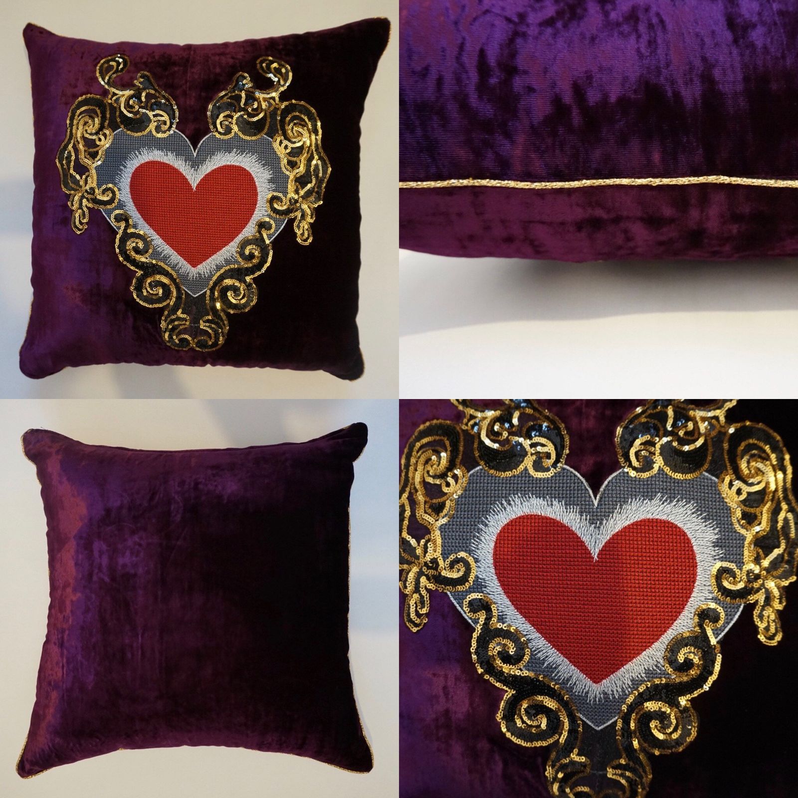 Purple Velvet Cushion With Red,Black And Gold Sequinned Love Heart And Scroll Appliqué. photo 50.0