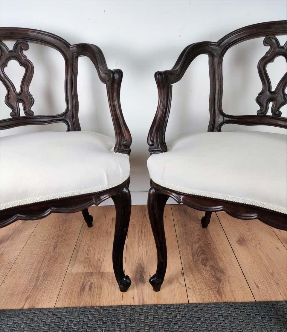 Pair Of 19th Century Italian Rococo Baroque Carved Wood Armchair Re Upholstered photo vinterior
