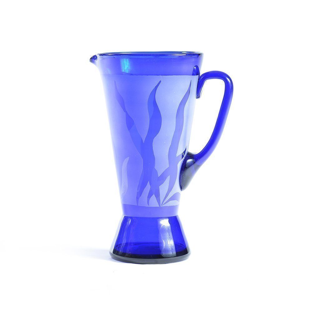 Vintage Blue Bohemian Glass Pitcher And Five Glasses, Czech Republic, Circa 1960 photo for sale