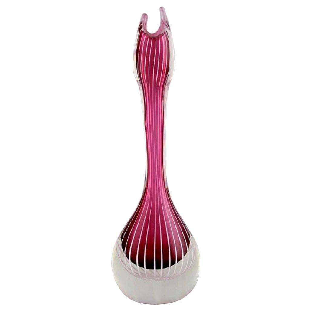 Swedish Glass Artist, Organically Shaped Vase In Violet And Clear Art Glass photo furniture