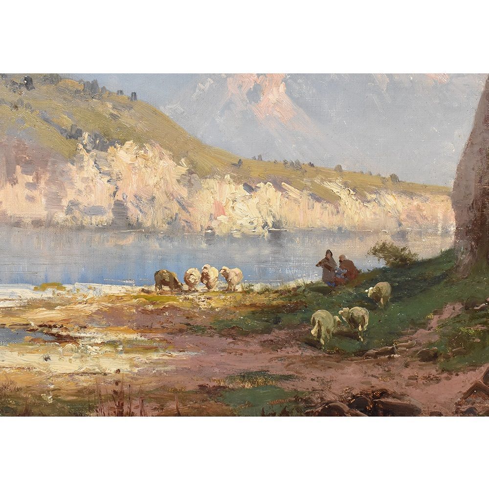 Landscape Painting, Mountain Landscape Painting, Sheep And Shepherds, Oil On Canvas, 19th Century. (Qp17) photo Art